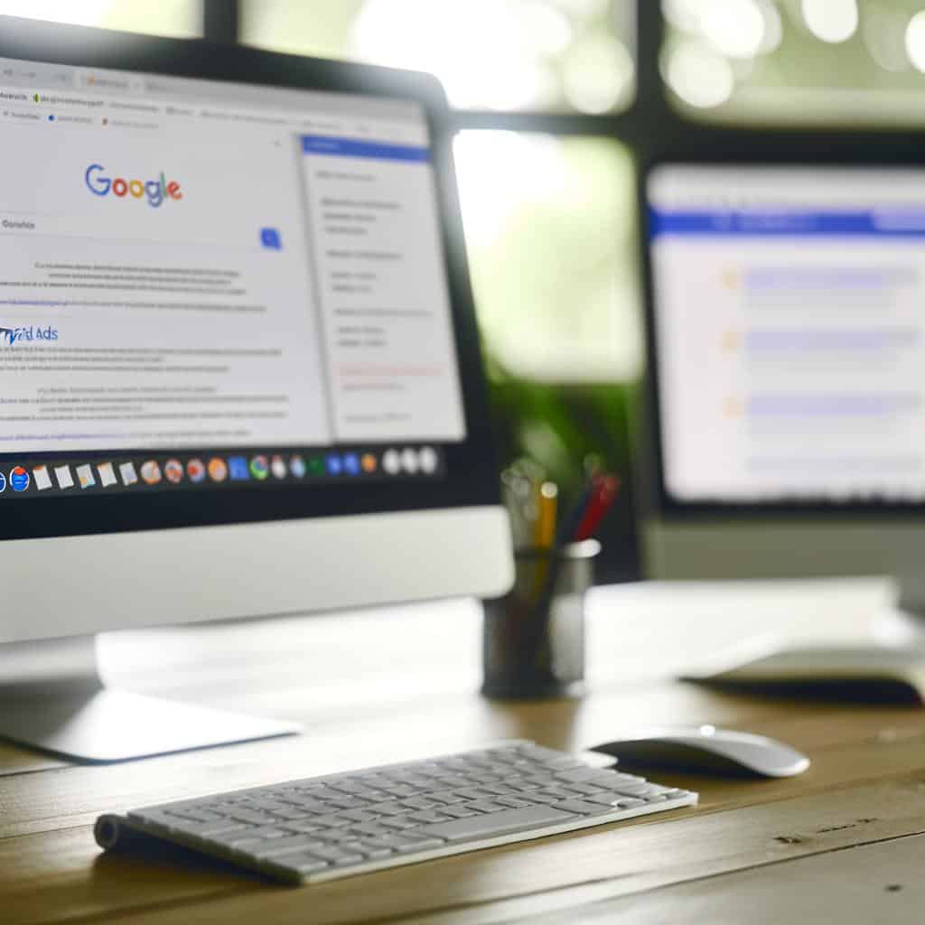 Illustration of a computer displaying Google Paid Ads results
