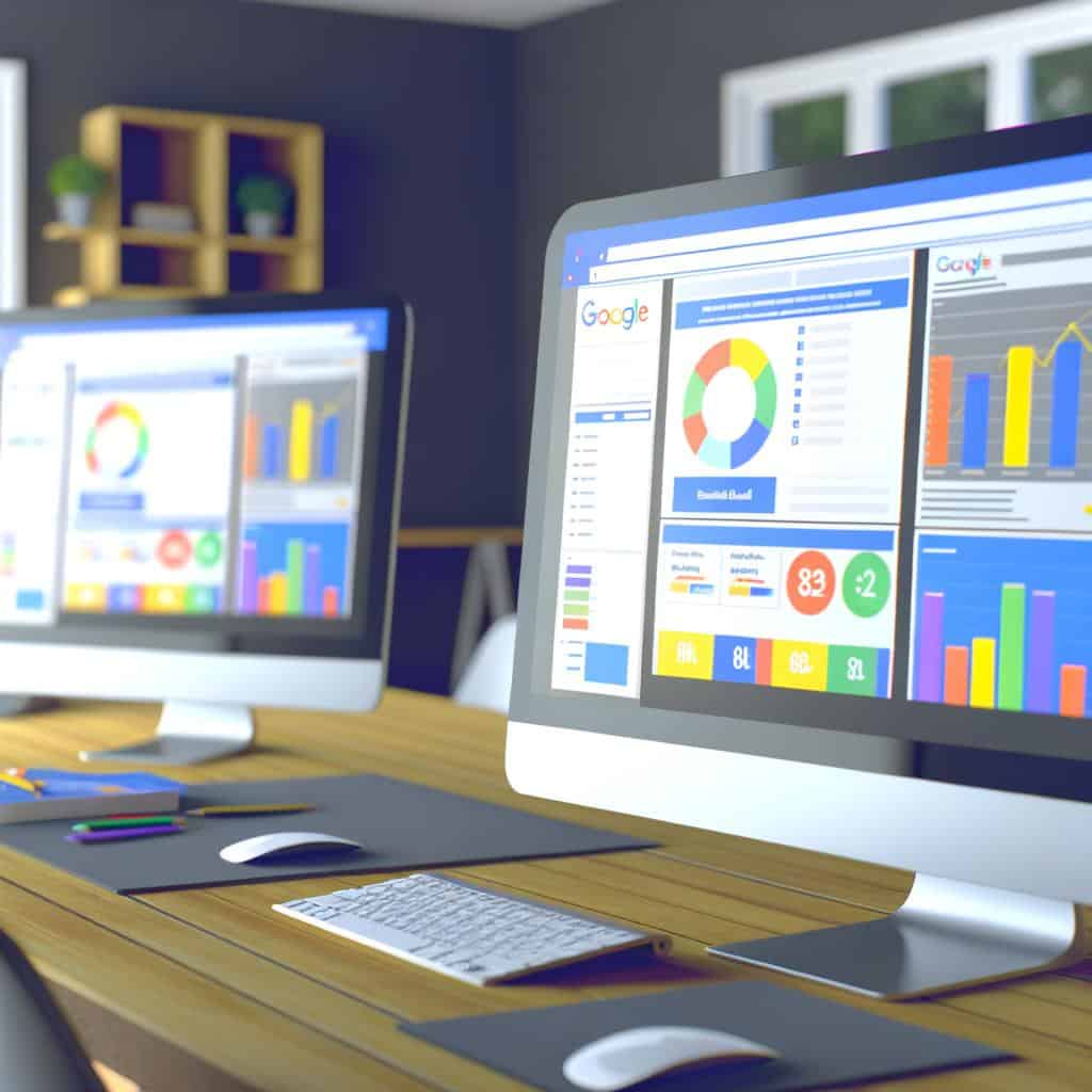 Laptop screen displaying Google Paid Ads dashboard and analytics